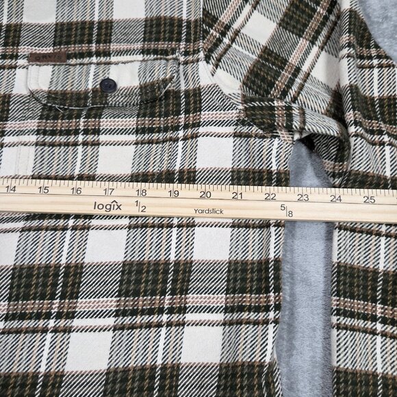 Orvis Shirt Mens Large Beige Green Plaid Heavy Flannel Button Up Shacket Hiking - Picture 9 of 10